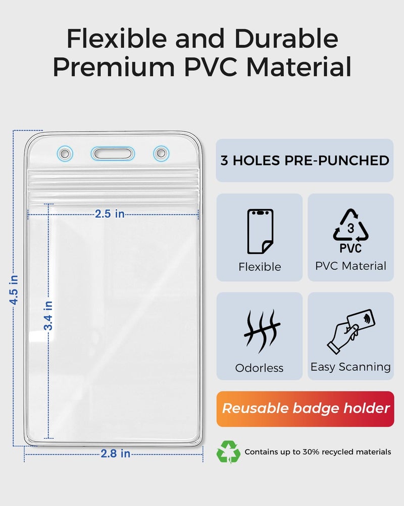KTRIO 50 Pack ID Badge Holder - Vertical Clear Badge Holder with Waterproof Resealable Zip for ID Cards, Proximity Cards, RFID, Credit Cards - Image 2